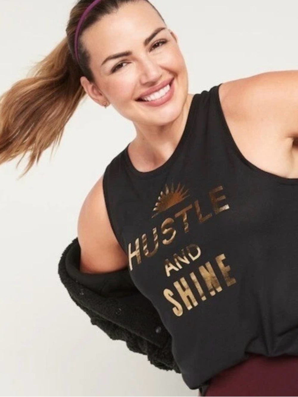 Old Navy Black Muscle Tank with Metallic Gold 'Hustle and Shine' Graphic